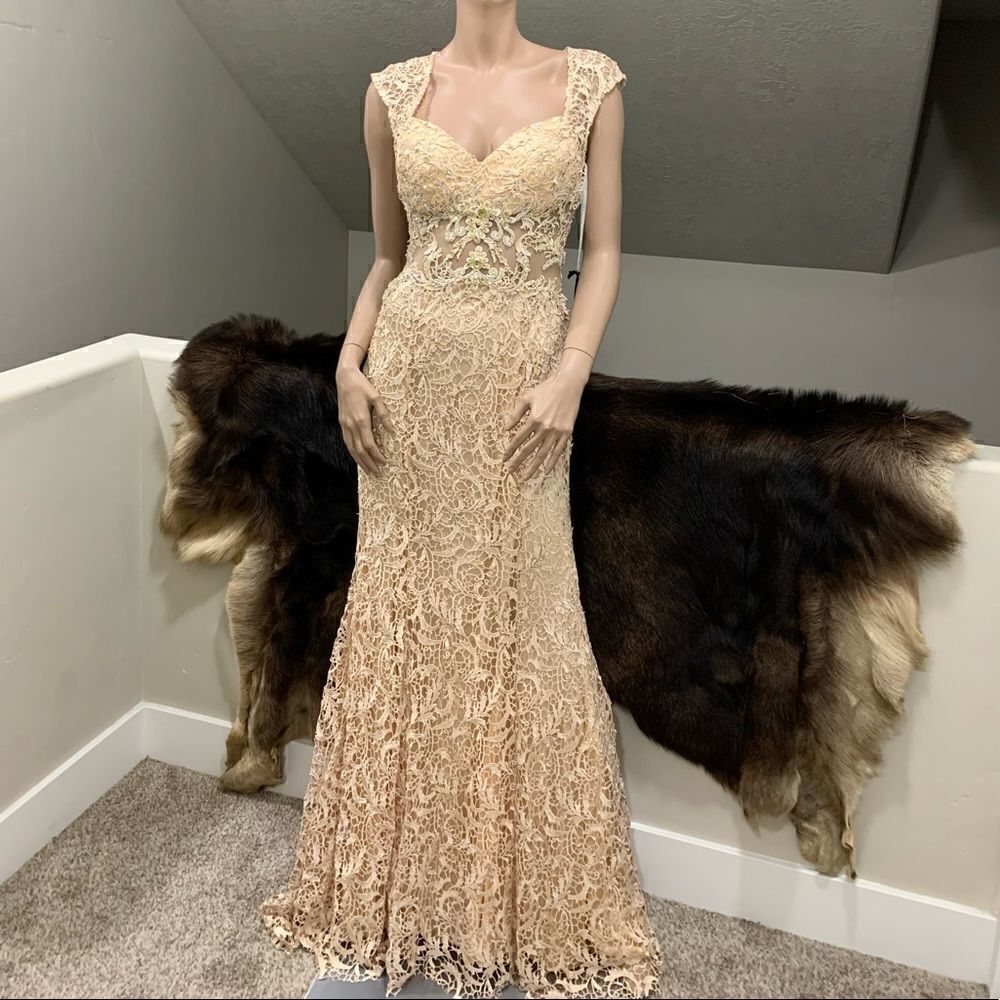 New Gorgeous Cap Sleeve Floral Lace With Beaded Gown